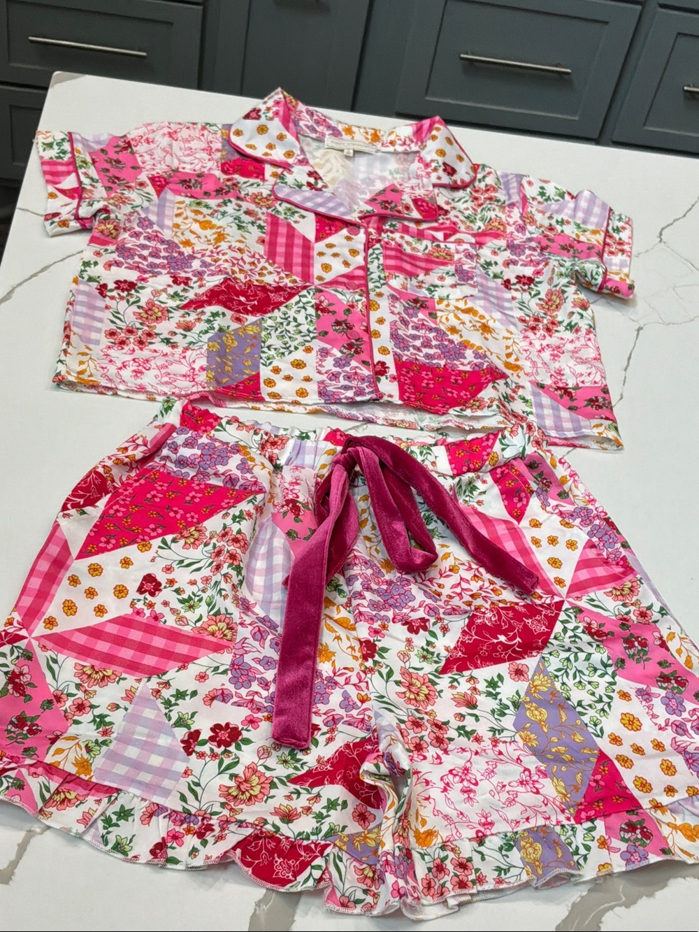 Simply Southern Pink Floral Patchwork Short Pajama Shorts&Top Set Small